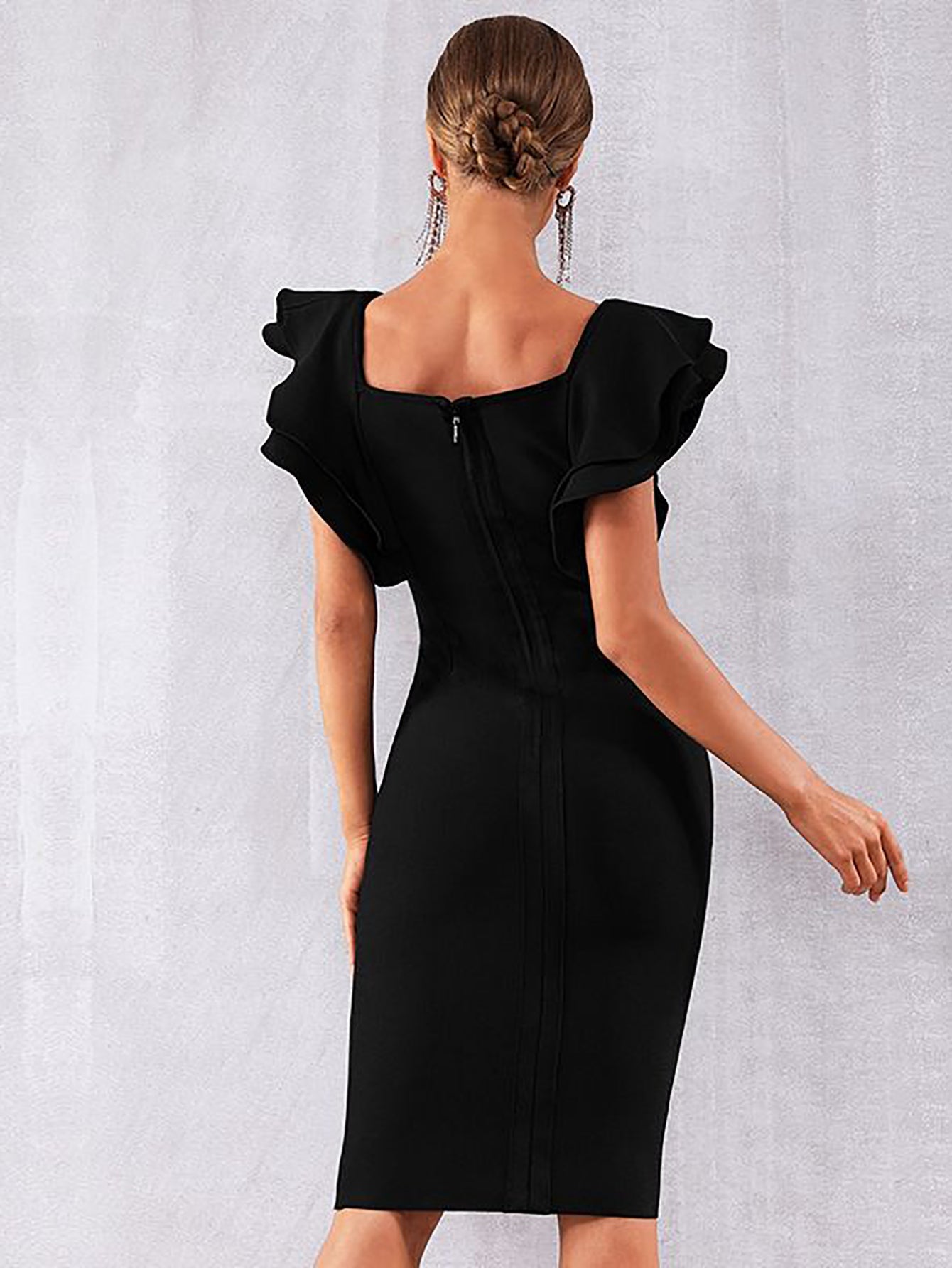 Black Square Neck Short Sleeve Midi Bandage Dress - Fashionpara