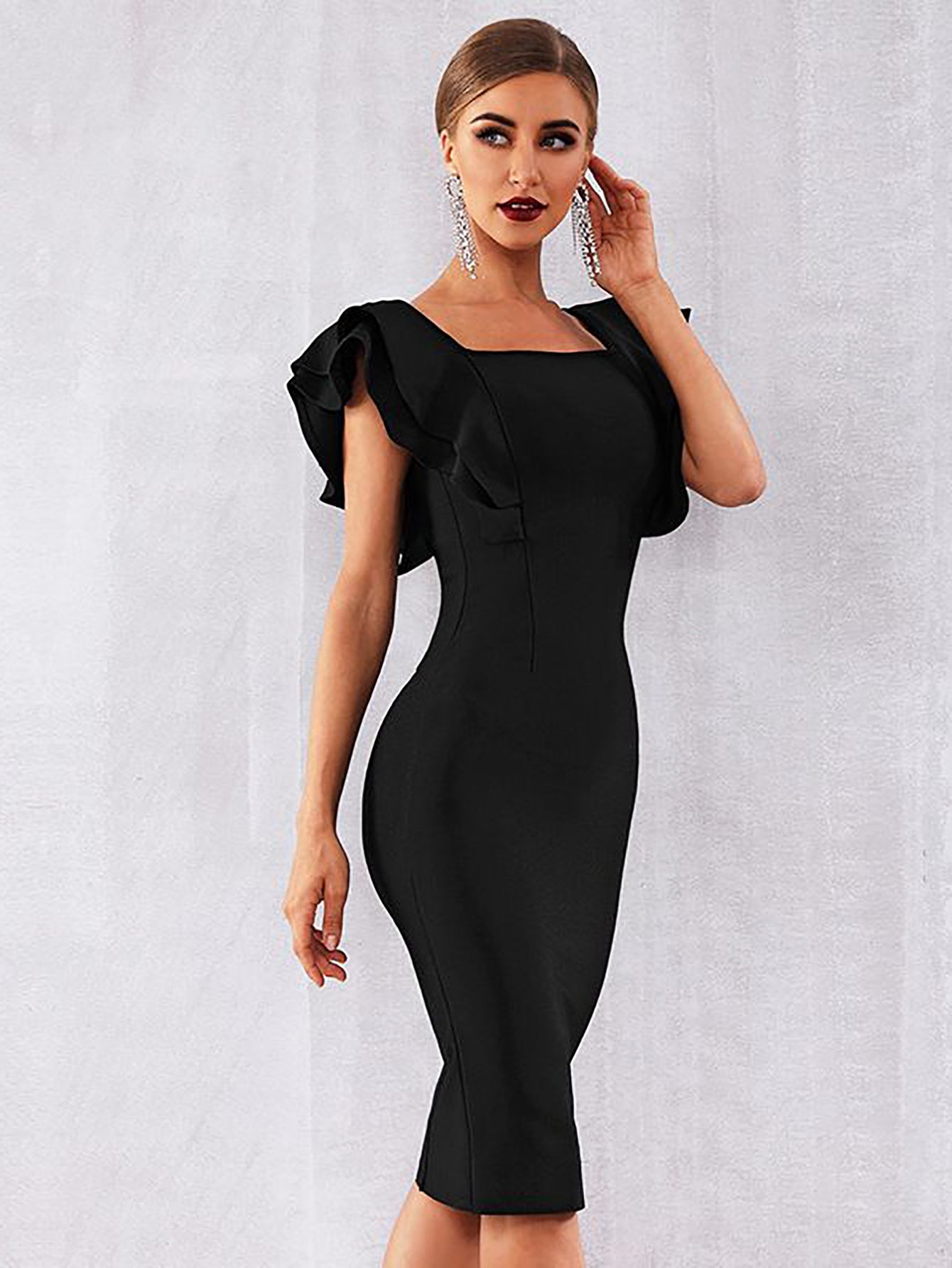 Black Square Neck Short Sleeve Midi Bandage Dress - Fashionpara
