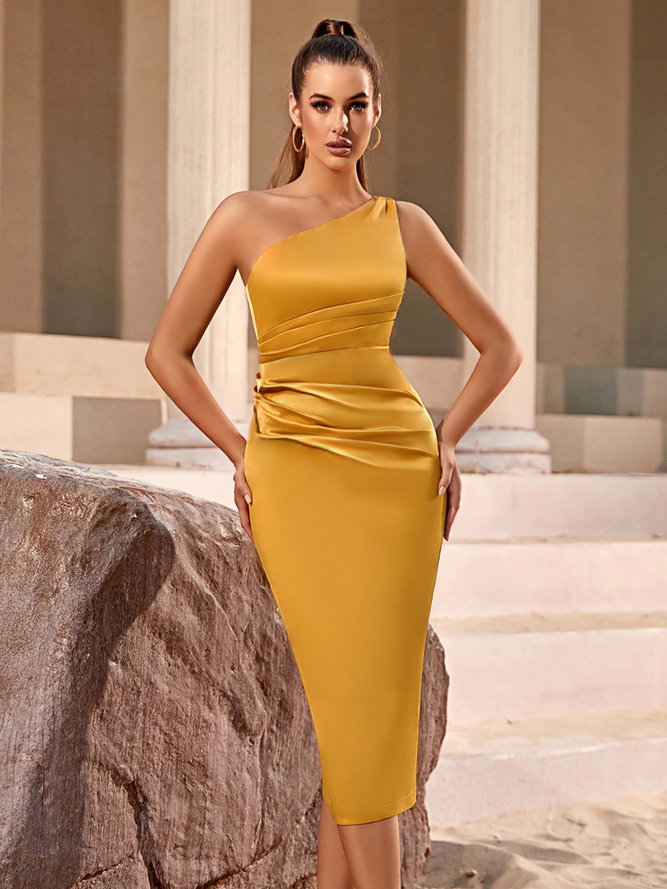 Golden One Shoulder Tight Bandage Midi Dress - Fashionpara