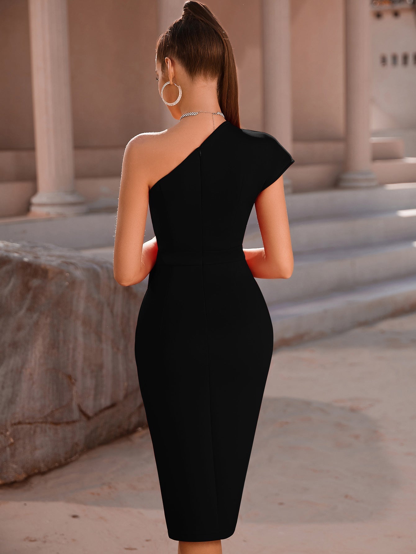 Red One Shoulder Pleated Tight Bandage Midi Dress With Slit - Fashionpara