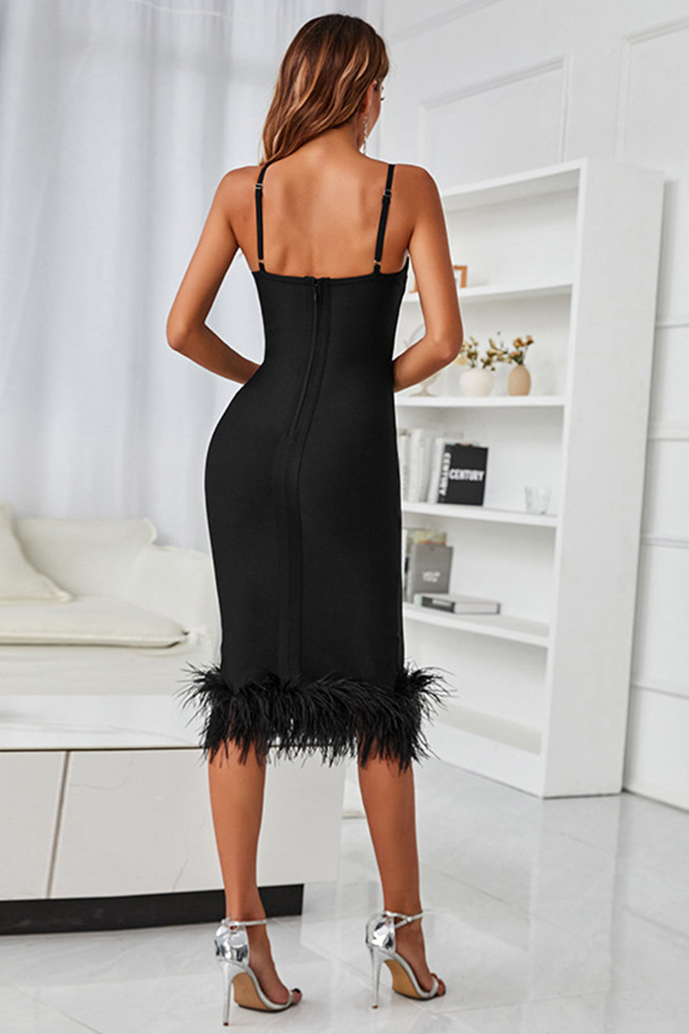 Black Midi Bodycon Party Dress with Feathers - Fashionpara
