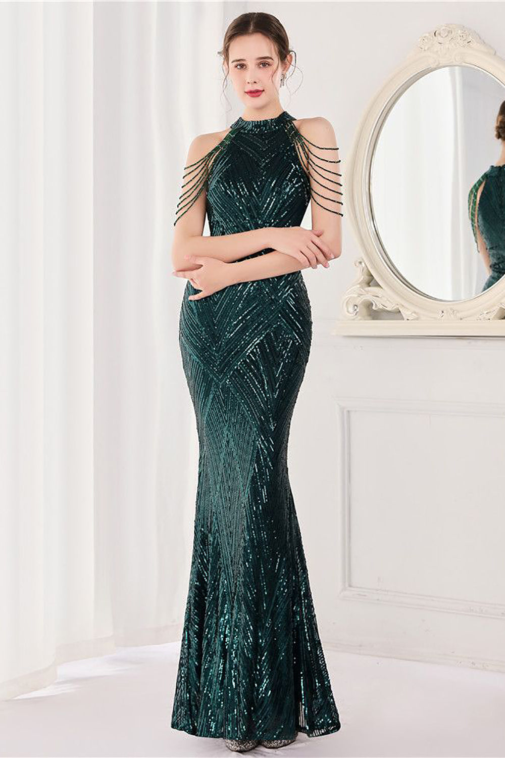 Mermaid Halter Dark Green Sequins Long Prom Dress - Fashionpara