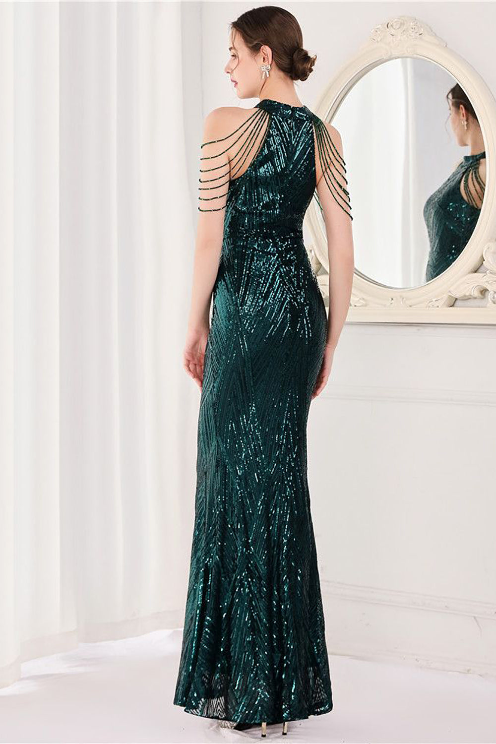 Mermaid Halter Dark Green Sequins Long Prom Dress - Fashionpara