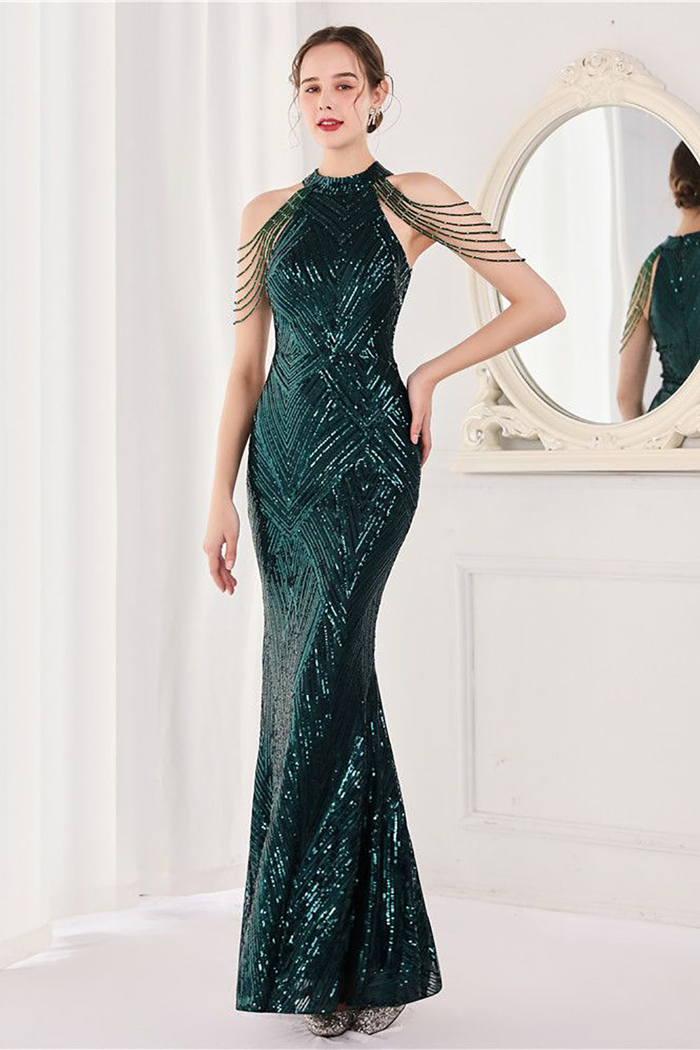 Mermaid Halter Dark Green Sequins Long Prom Dress - Fashionpara