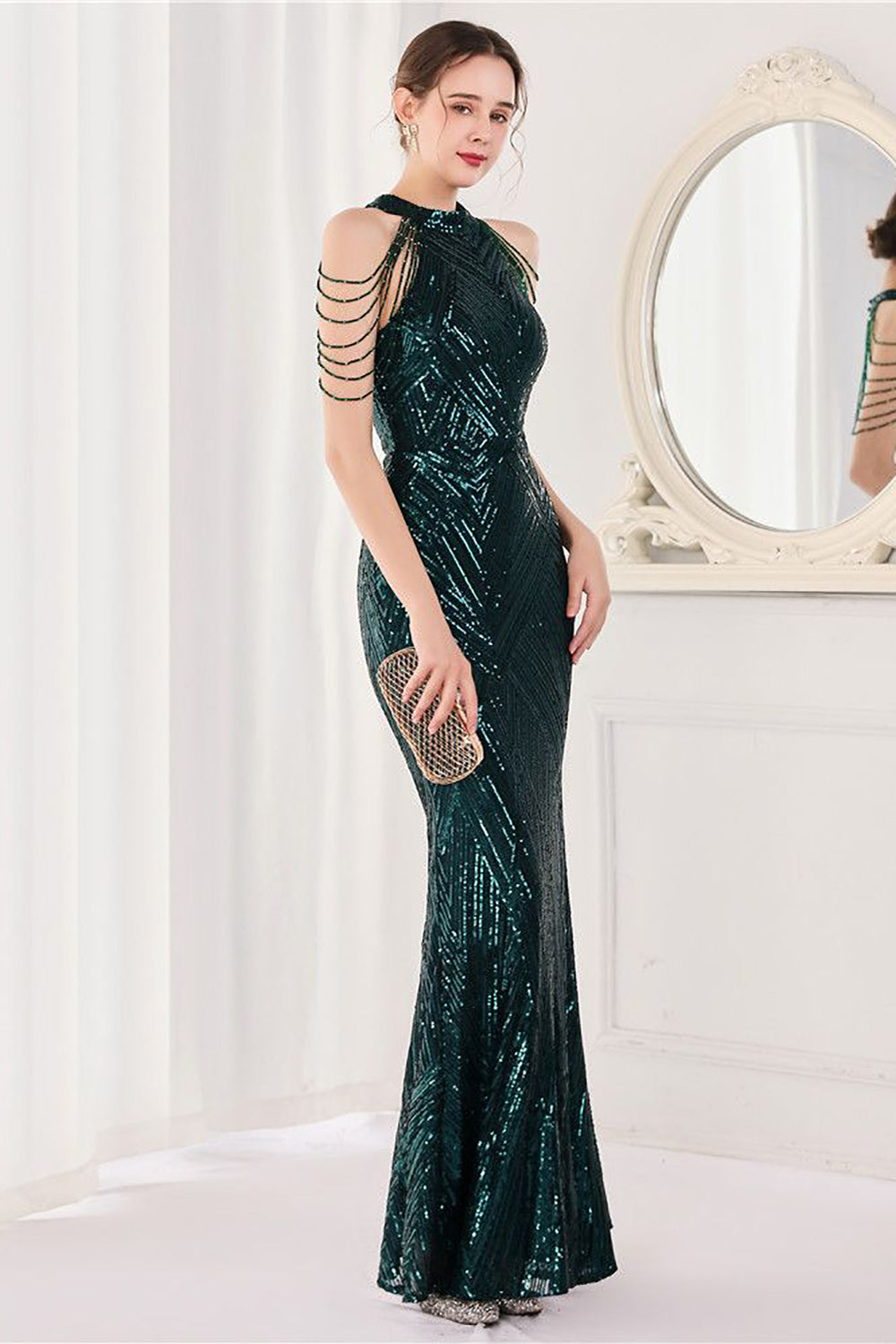 Mermaid Halter Dark Green Sequins Long Prom Dress - Fashionpara