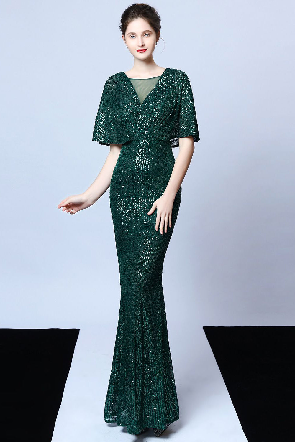 Mermaid V Neck Dark Green Sequins Long Prom Dress with Short Sleeves - Fashionpara