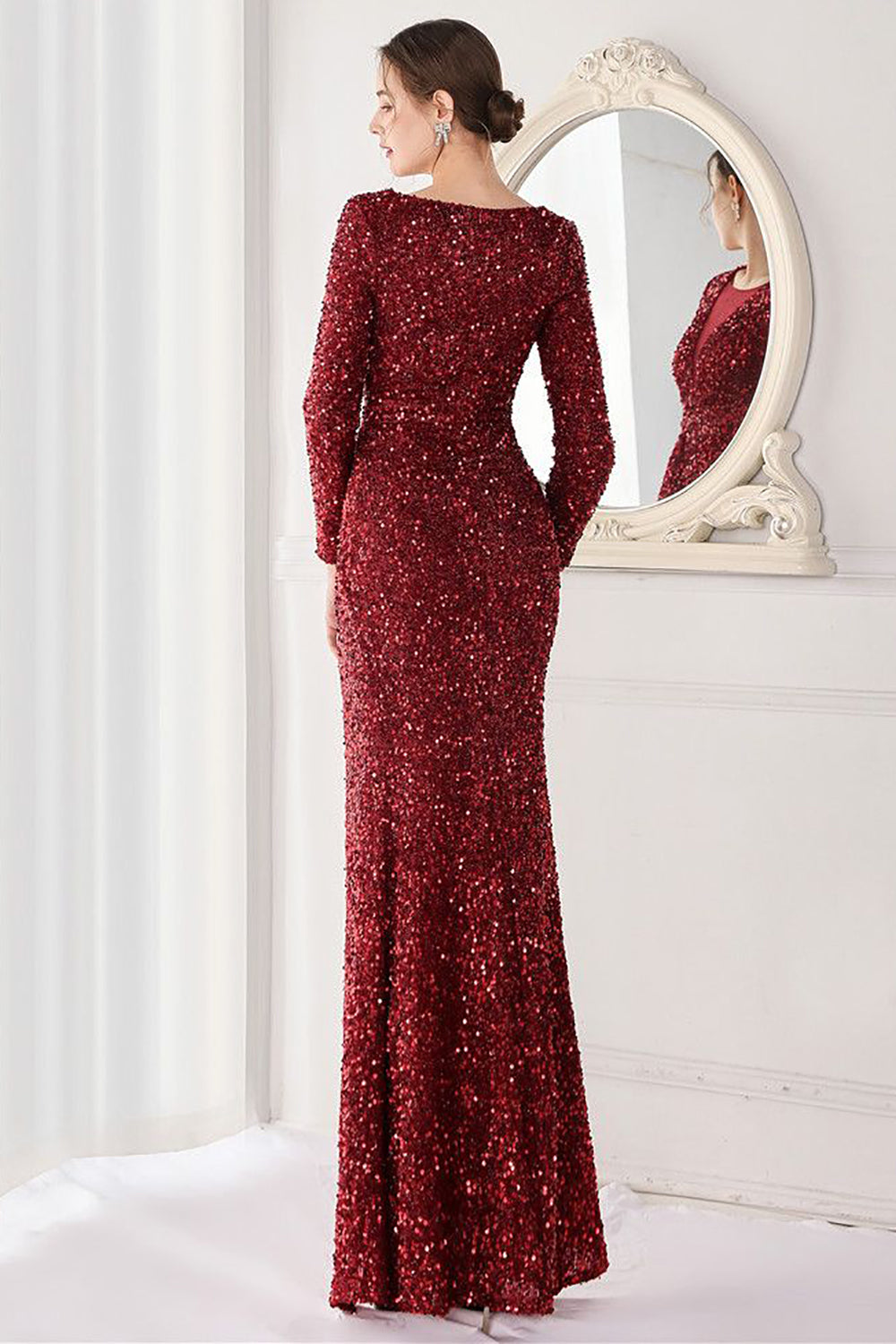 Burgundy Sequined Long Sleeves Evening Dress with Slit