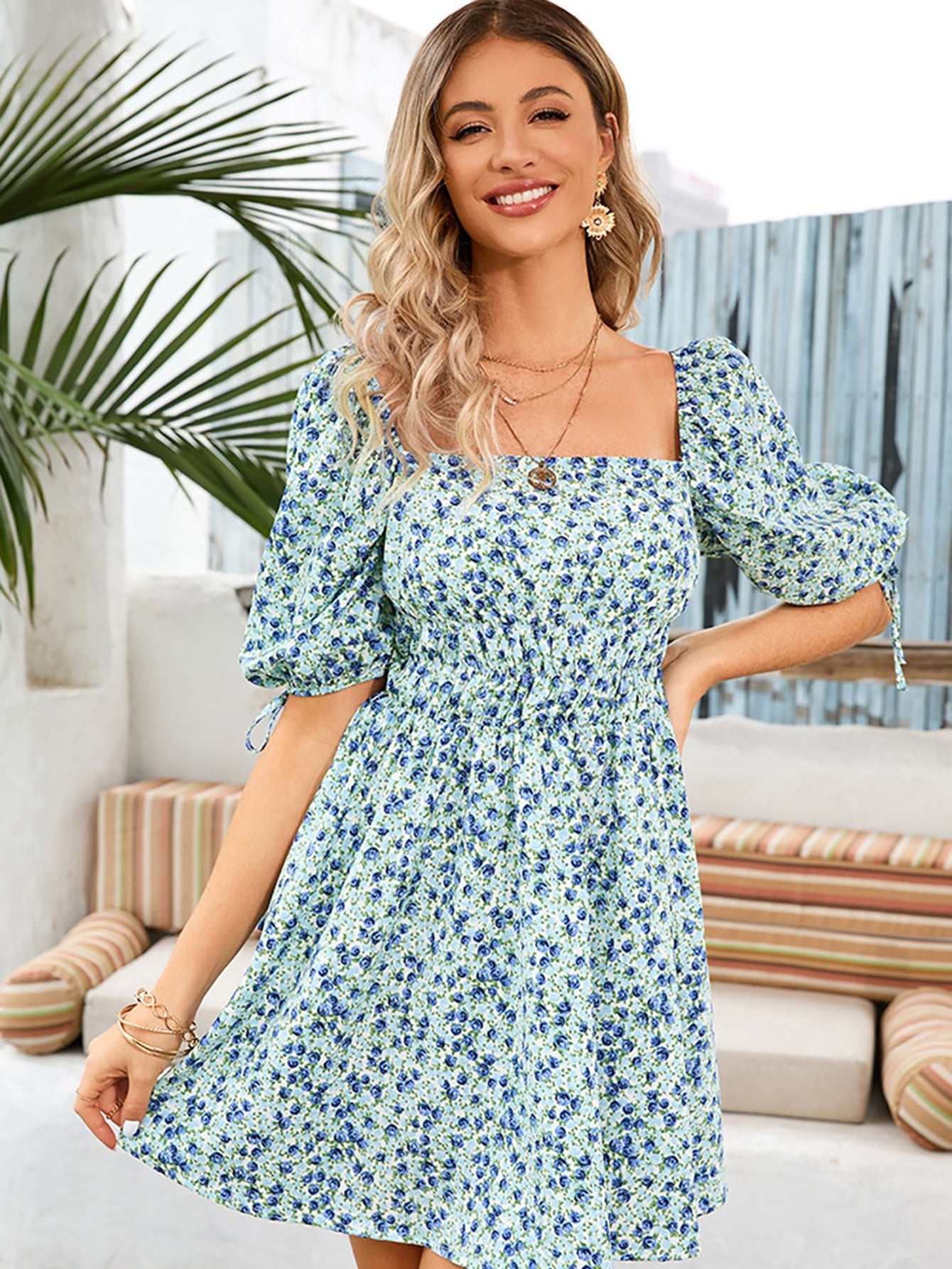 Blue A Line Floral Short Puffy Sleeves Summer Vacation Dress - Fashionpara