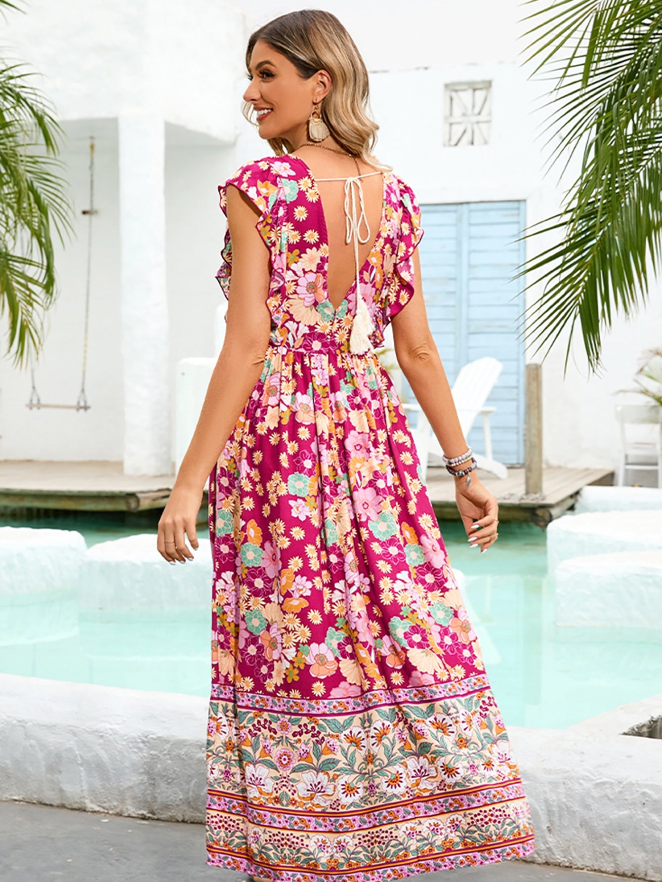 Pink A Line V Neck Floral Long Boho Summer Vacation Dress - Fashionpara