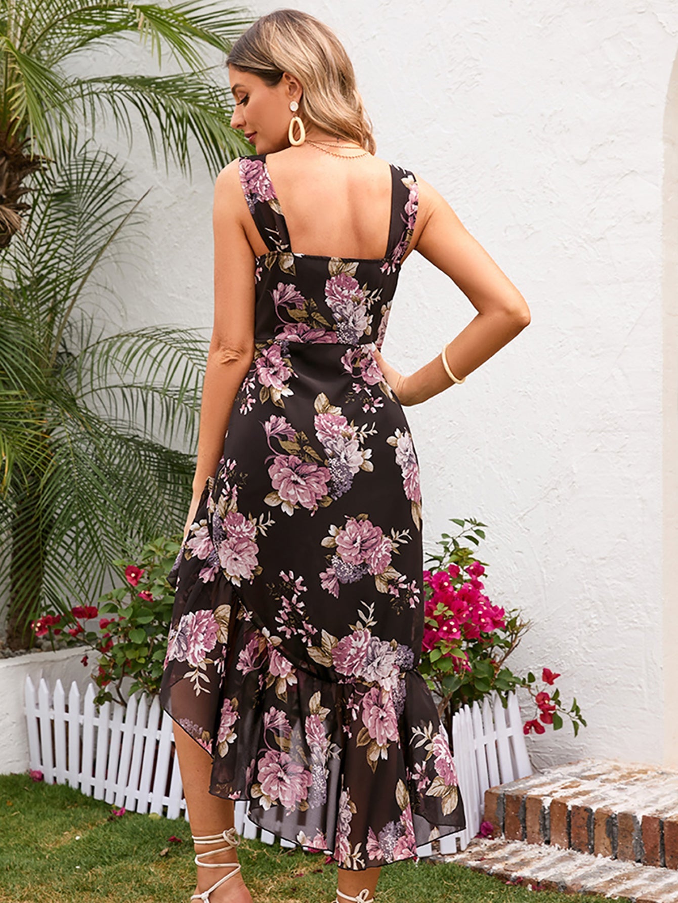 Floral Black A Line Long Chiffon Summer Vacation Dress - Fashionpara