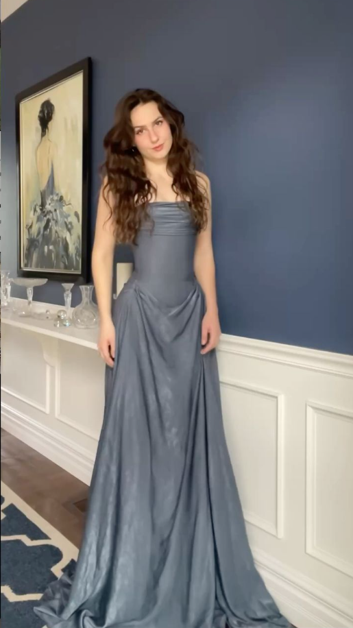 Classy Gray Satin Pleated Mermaid Party Dress Long Wedding Guest Dress D1301