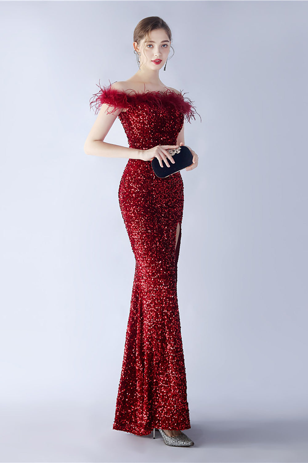 Black Bodycon Off The Shoulder Sequins Long Evening Dress with Ostrich Feather