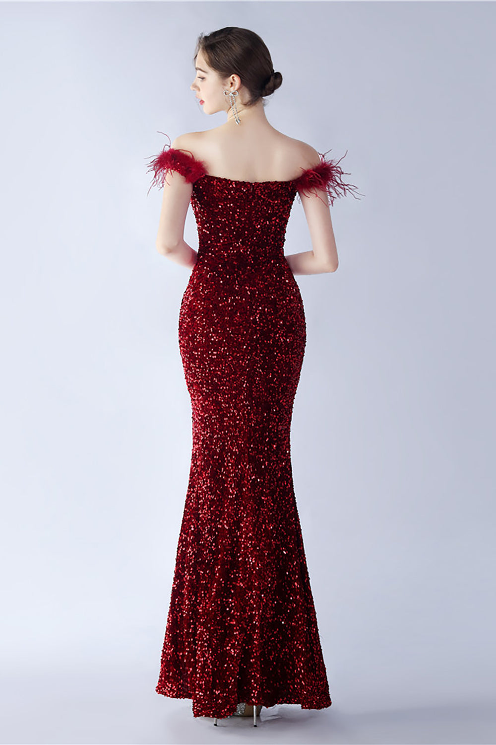 Black Bodycon Off The Shoulder Sequins Long Evening Dress with Ostrich Feather
