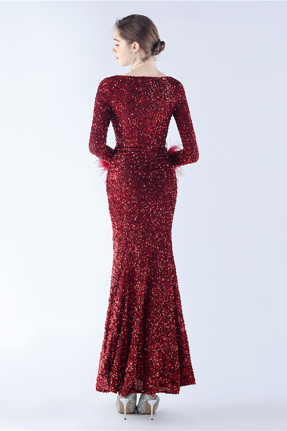 Black Mermaid Sequin Feather Long-Sleeve Evening Dress With Slit
