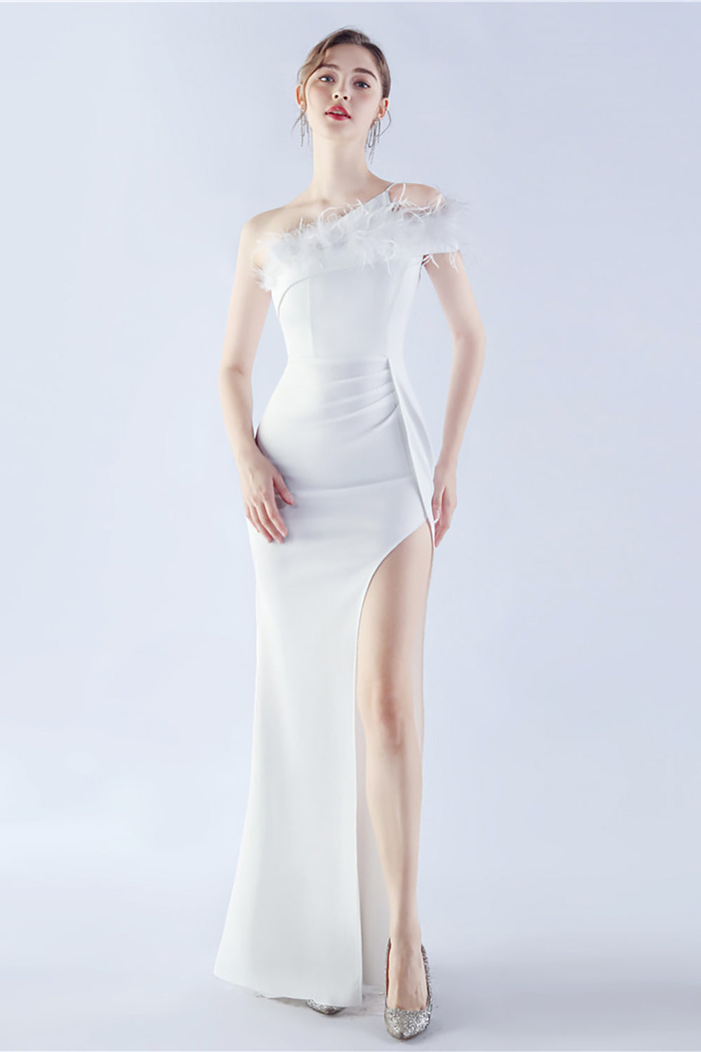 Burgundy One Shoulder Sheath Crepe Formal Dress with Feather