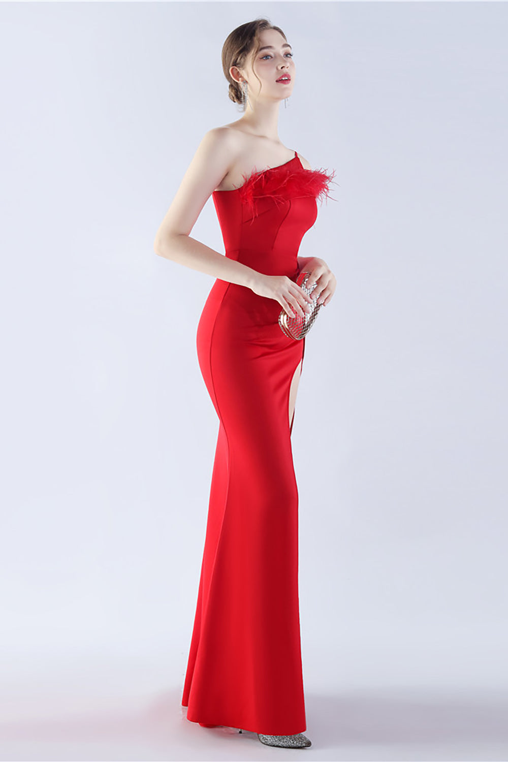 Burgundy One Shoulder Sheath Crepe Formal Dress with Feather