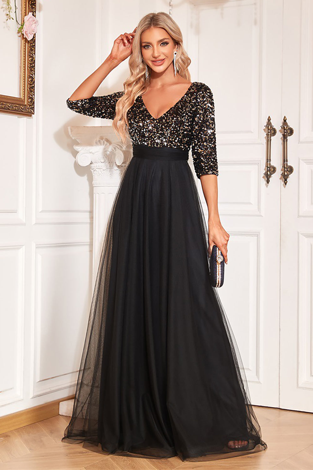 Black A-Line V Neck Short Sleeves Sequins Prom Dress
