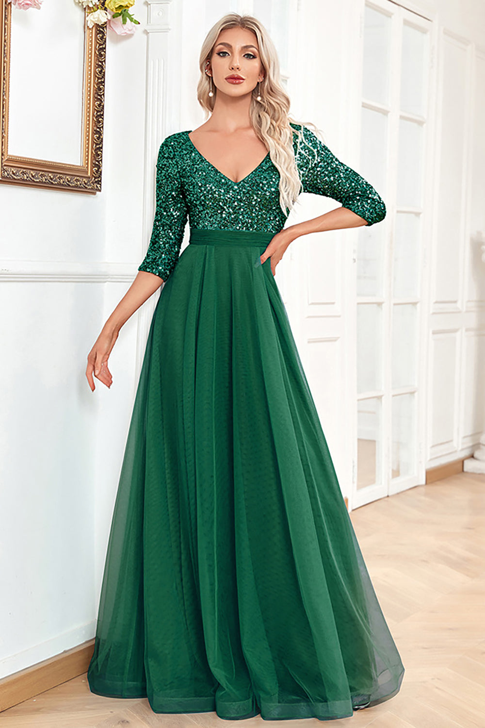Black A-Line V Neck Short Sleeves Sequins Prom Dress