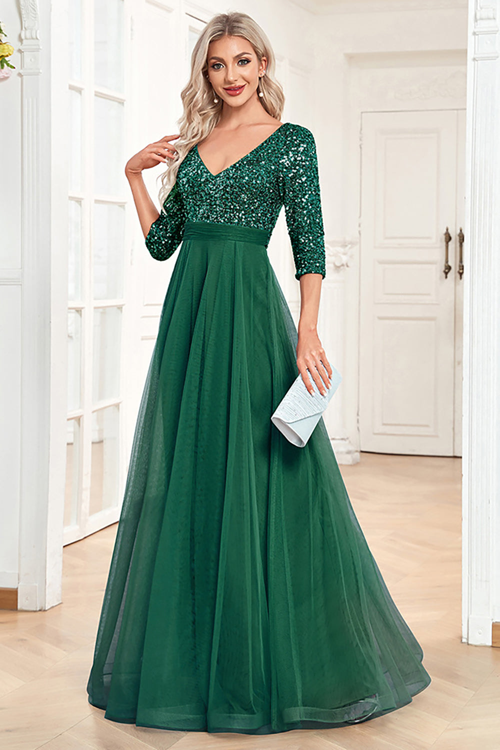 Black A-Line V Neck Short Sleeves Sequins Prom Dress