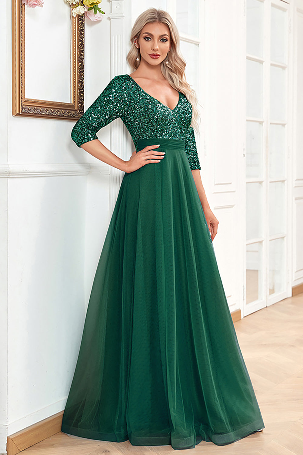 Black A-Line V Neck Short Sleeves Sequins Prom Dress