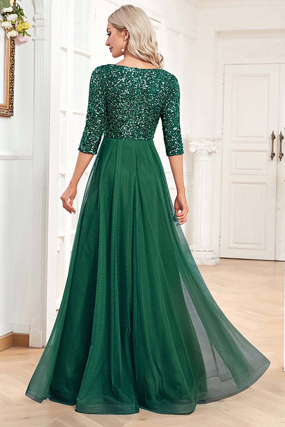 Black A-Line V Neck Short Sleeves Sequins Prom Dress
