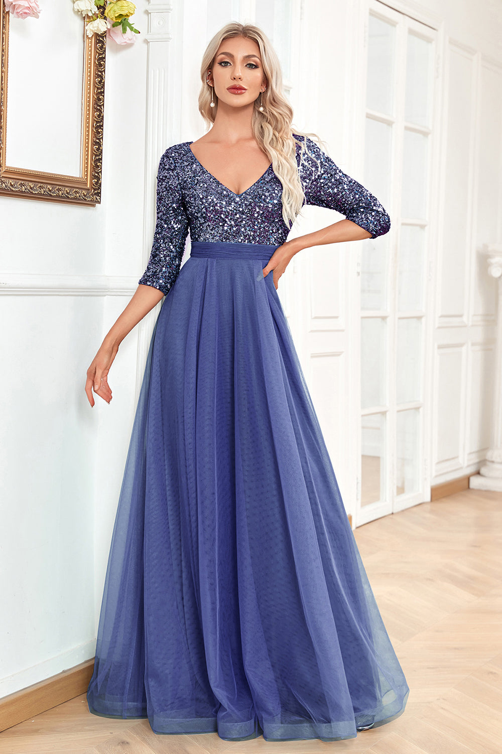 Black A-Line V Neck Short Sleeves Sequins Prom Dress
