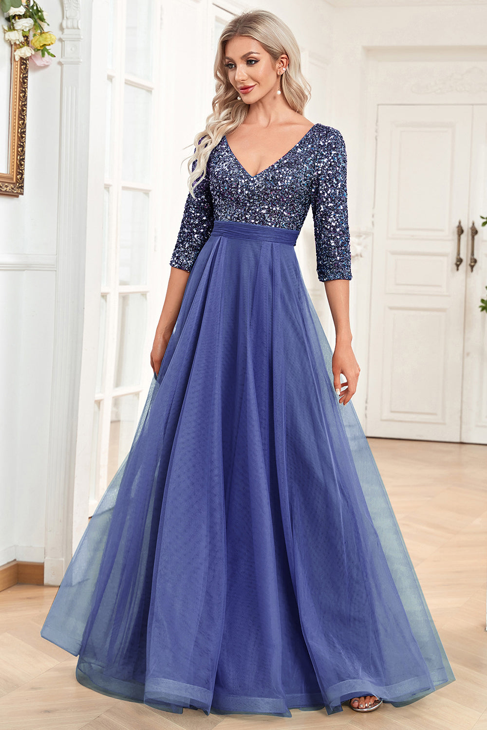 Black A-Line V Neck Short Sleeves Sequins Prom Dress