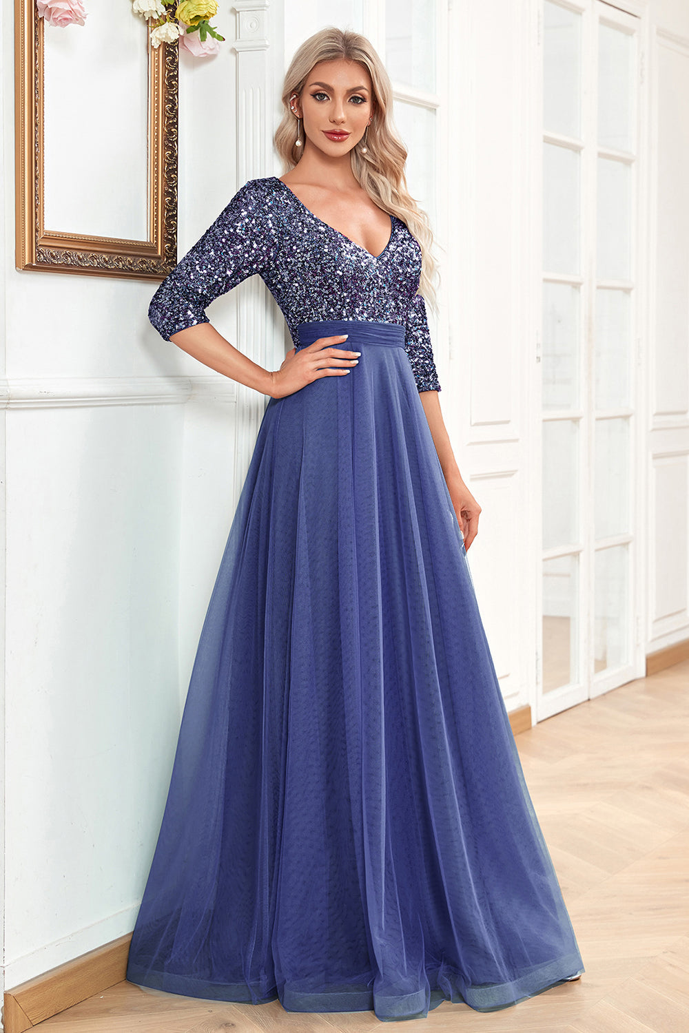 Black A-Line V Neck Short Sleeves Sequins Prom Dress