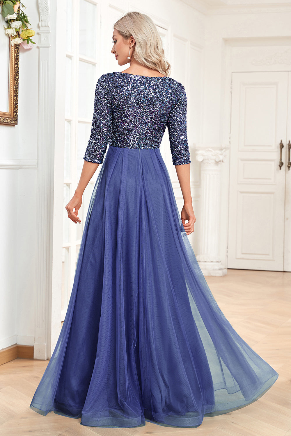 Black A-Line V Neck Short Sleeves Sequins Prom Dress