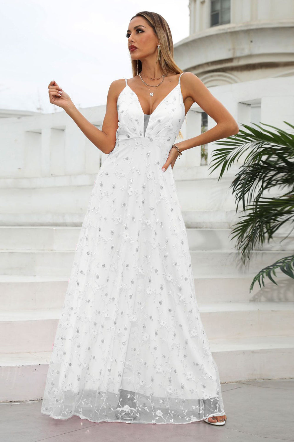 Pink Spaghetti Straps Prom Dress with Flowers