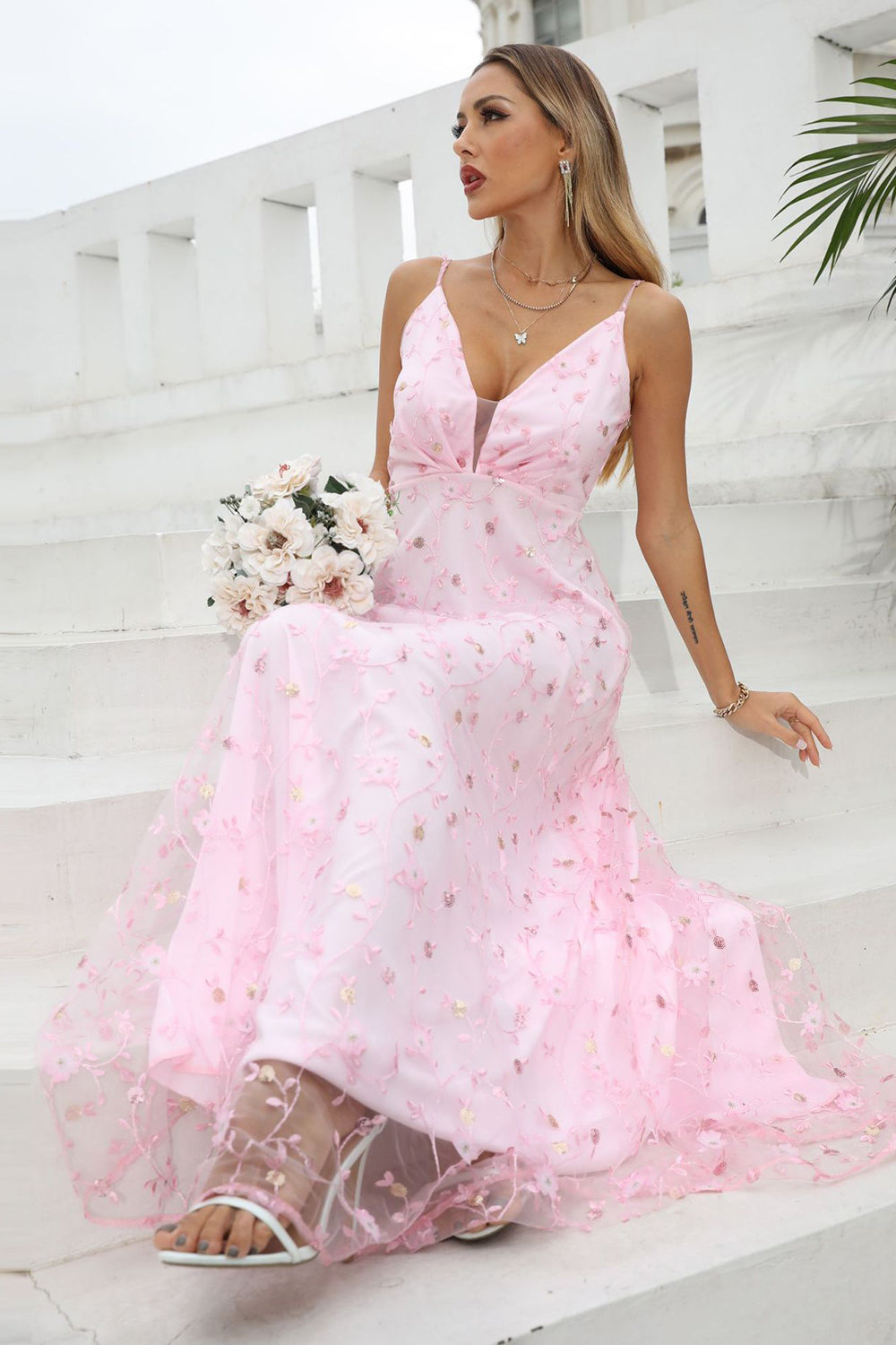 Pink Spaghetti Straps Prom Dress with Flowers