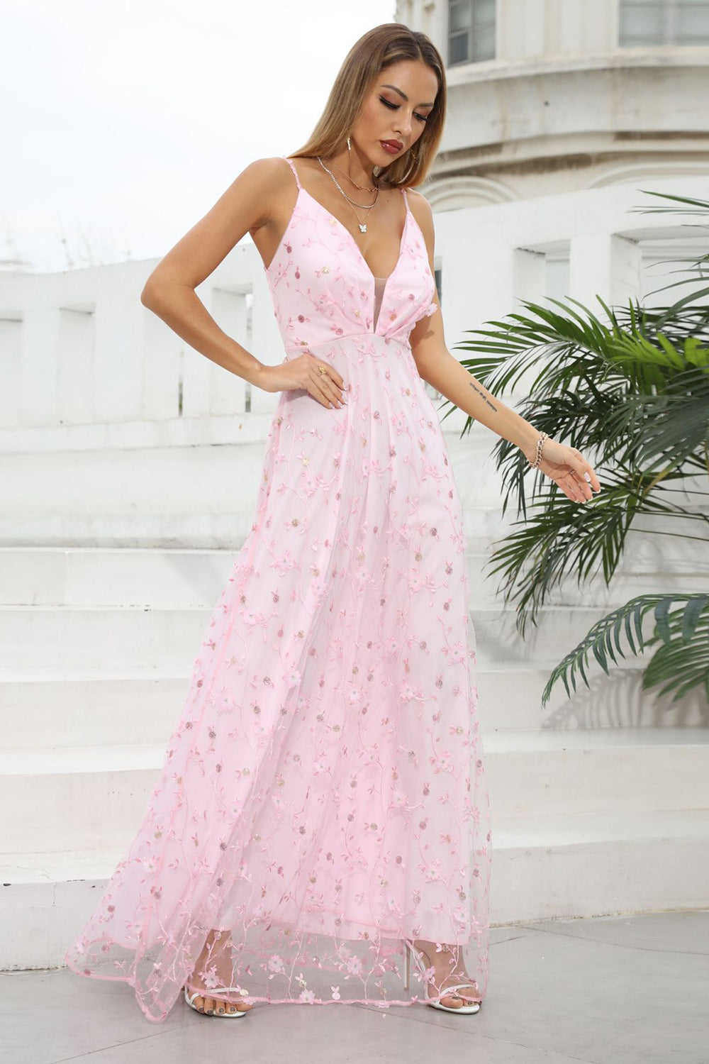 Pink Spaghetti Straps Prom Dress with Flowers