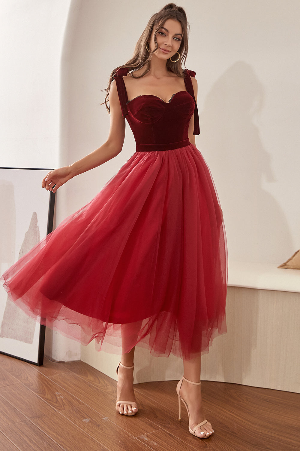 Burgundy Tulle Homecoming Dress with Bowknot - Fashionpara