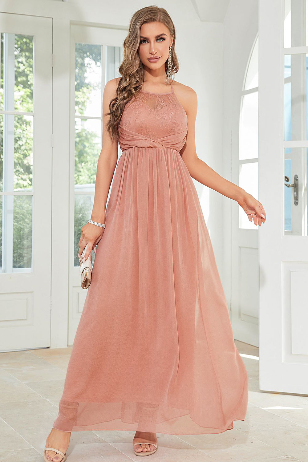 Blush Halter A Line Prom Dress - Fashionpara