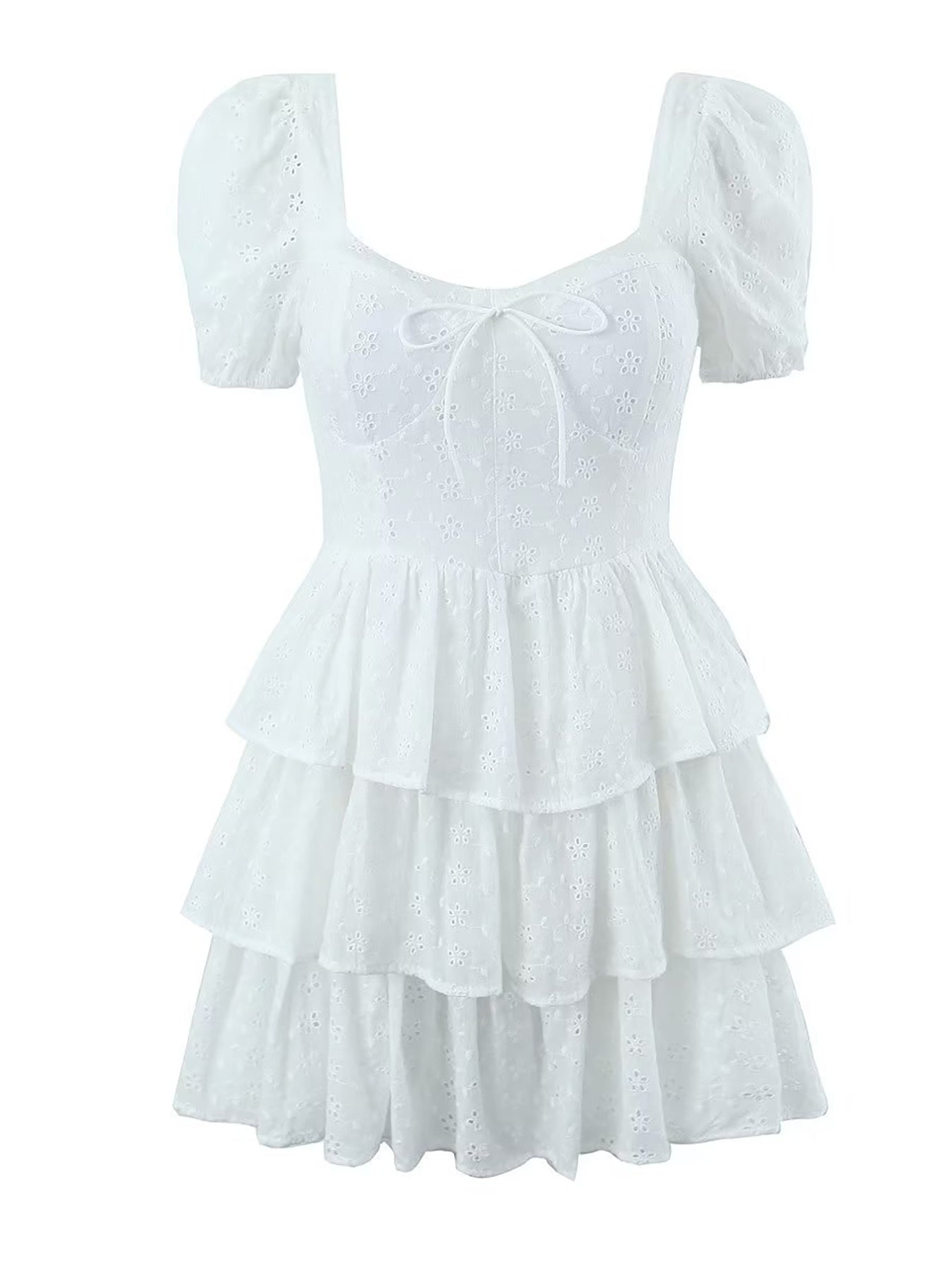 Lace Tight White A Line Puffy Sleeves Short Graduation Party Dress - Fashionpara