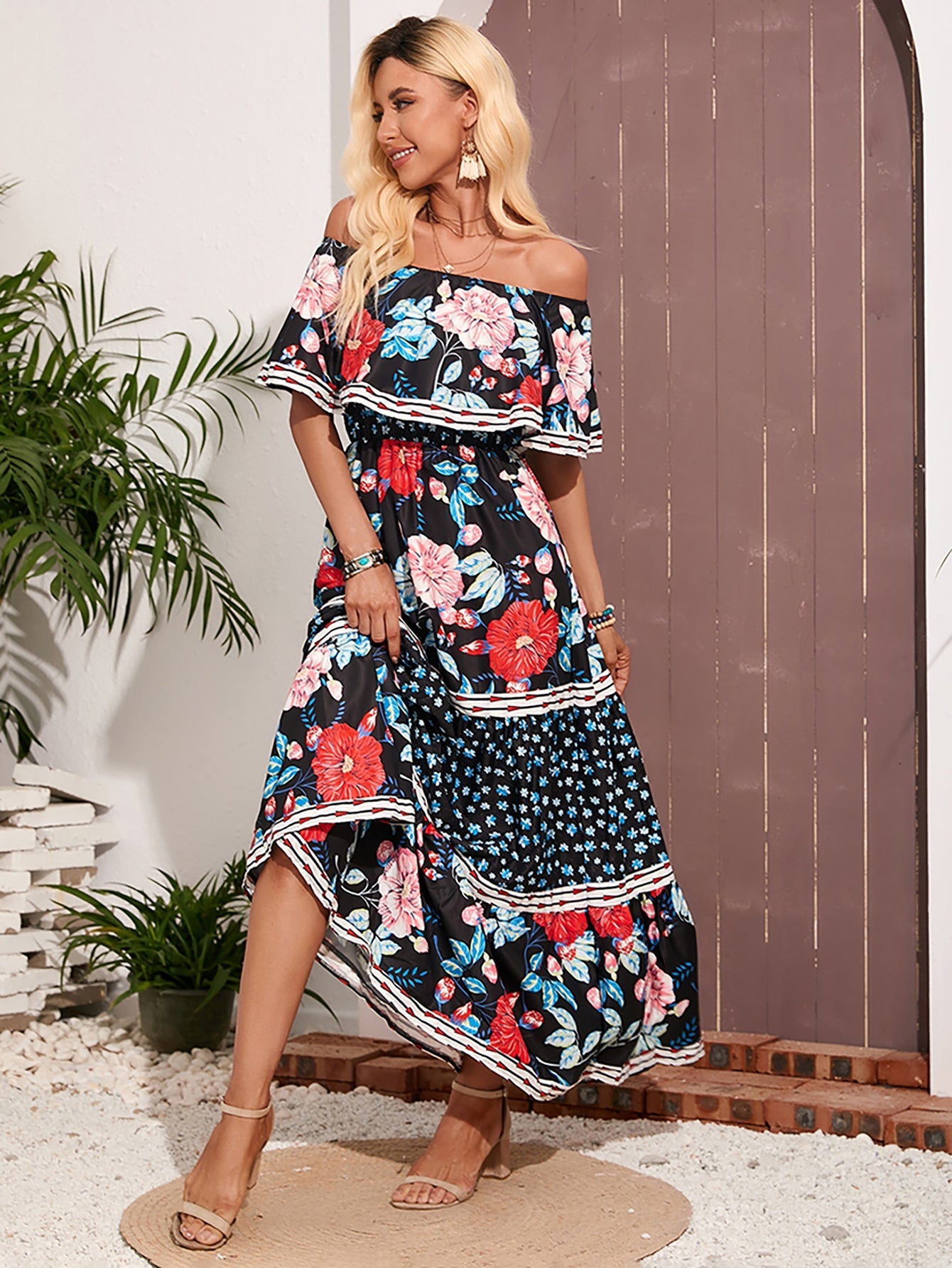 Floral Strapless Off The Shoulder Black Long Summer Vacation Dress - Fashionpara