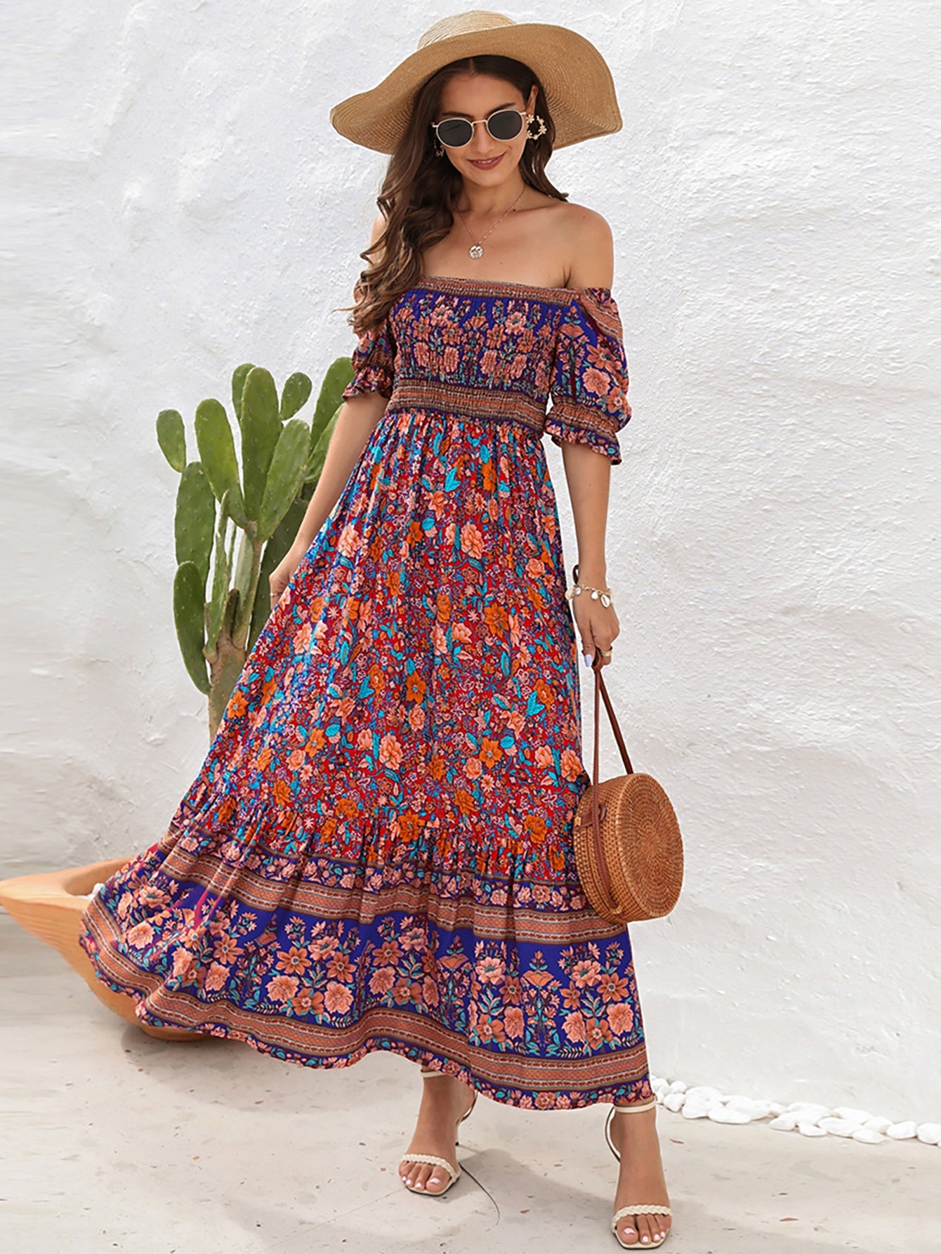 Blue Off The Shoulder Short Puffy Sleeves Long Summer Vacation Dress - Fashionpara