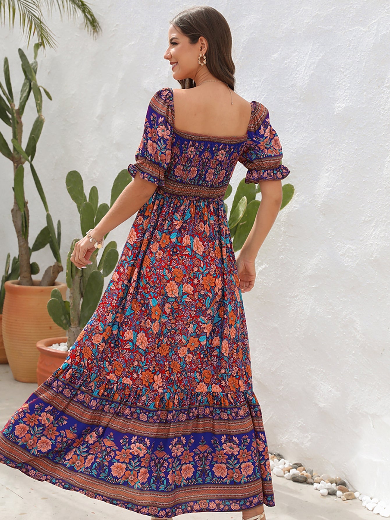 Blue Off The Shoulder Short Puffy Sleeves Long Summer Vacation Dress - Fashionpara