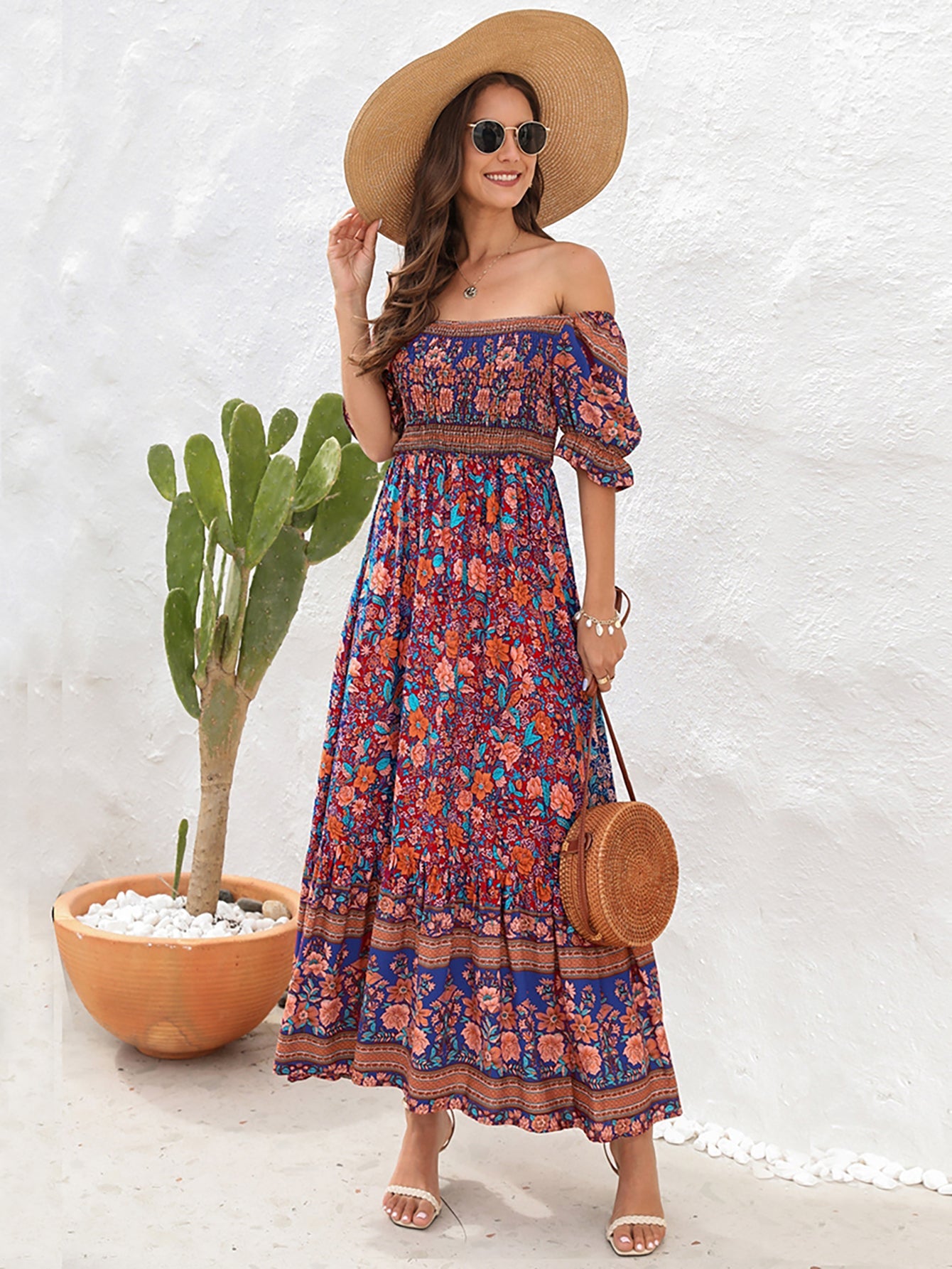 Blue Off The Shoulder Short Puffy Sleeves Long Summer Vacation Dress - Fashionpara