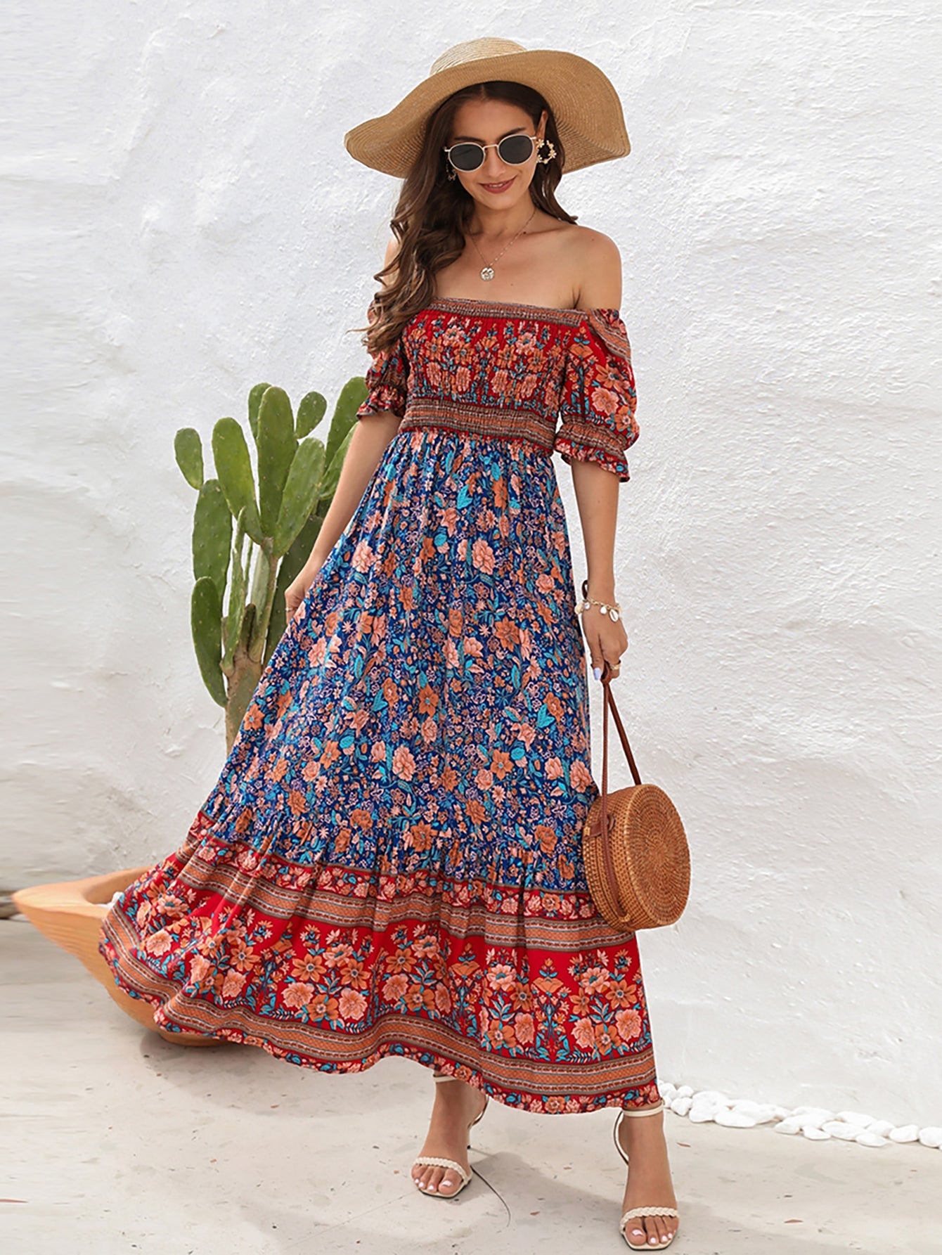 Blue Off The Shoulder Short Puffy Sleeves Long Summer Vacation Dress - Fashionpara