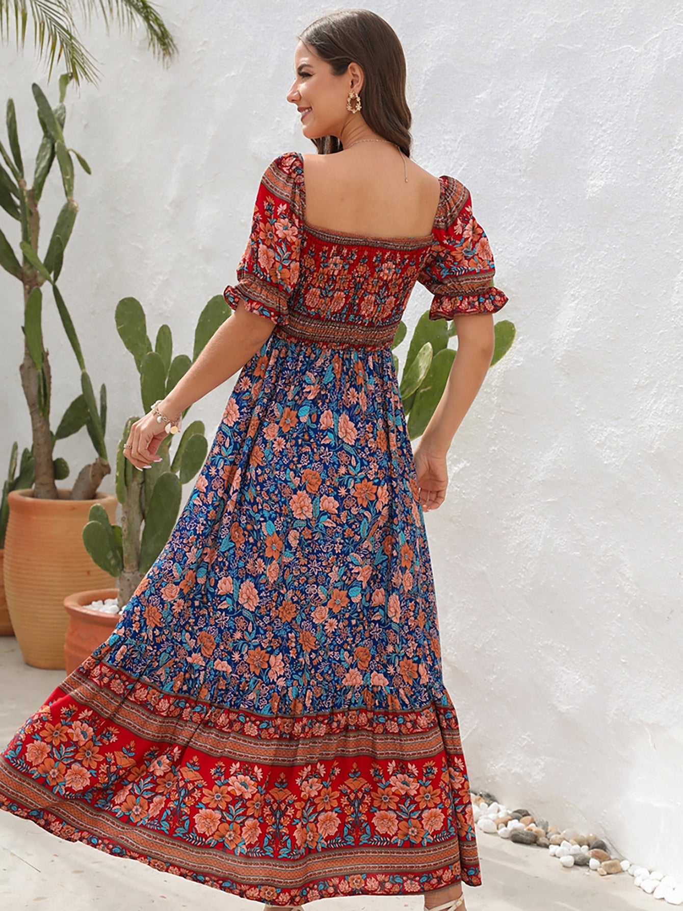 Blue Off The Shoulder Short Puffy Sleeves Long Summer Vacation Dress - Fashionpara