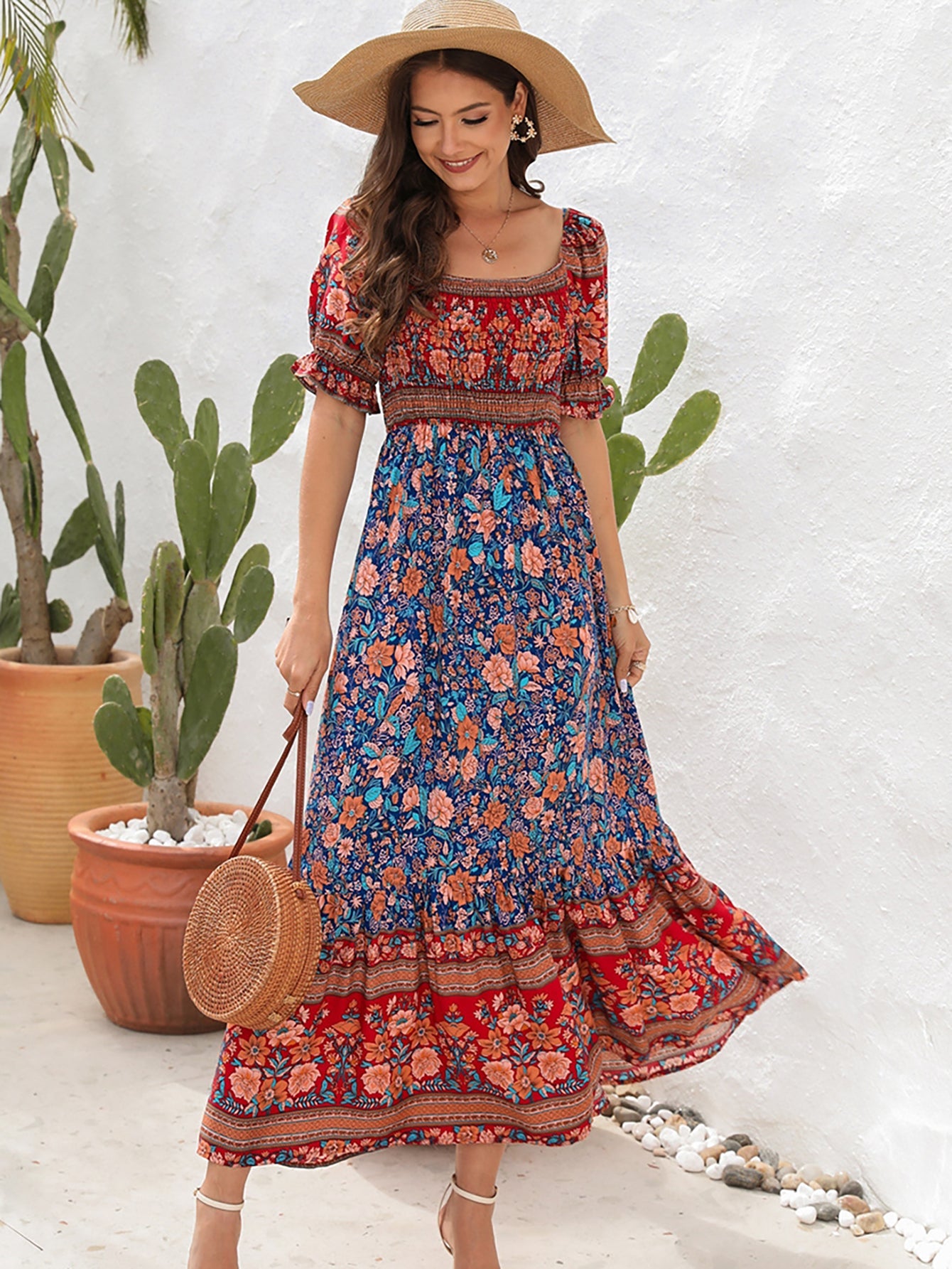 Blue Off The Shoulder Short Puffy Sleeves Long Summer Vacation Dress - Fashionpara