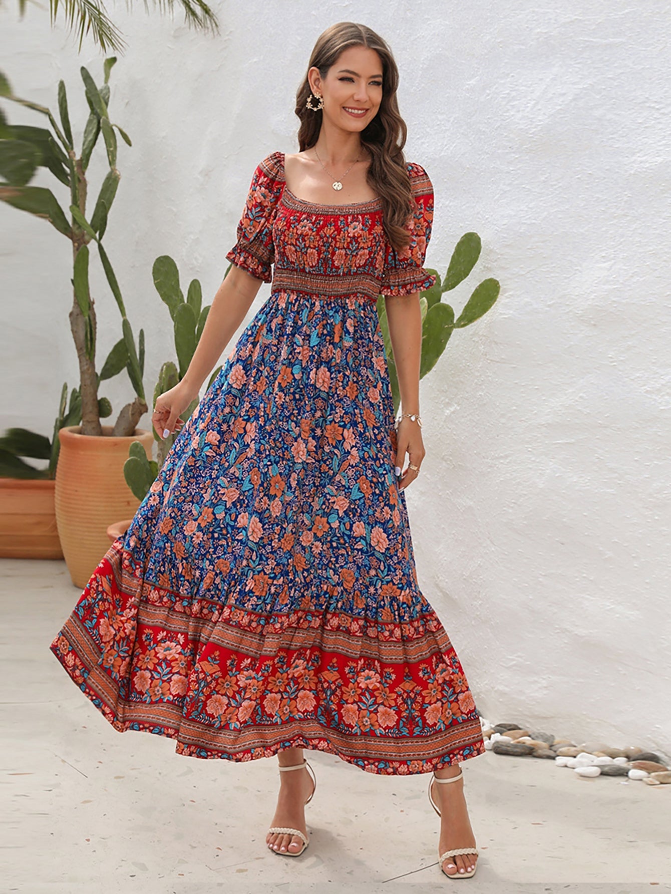 Blue Off The Shoulder Short Puffy Sleeves Long Summer Vacation Dress - Fashionpara