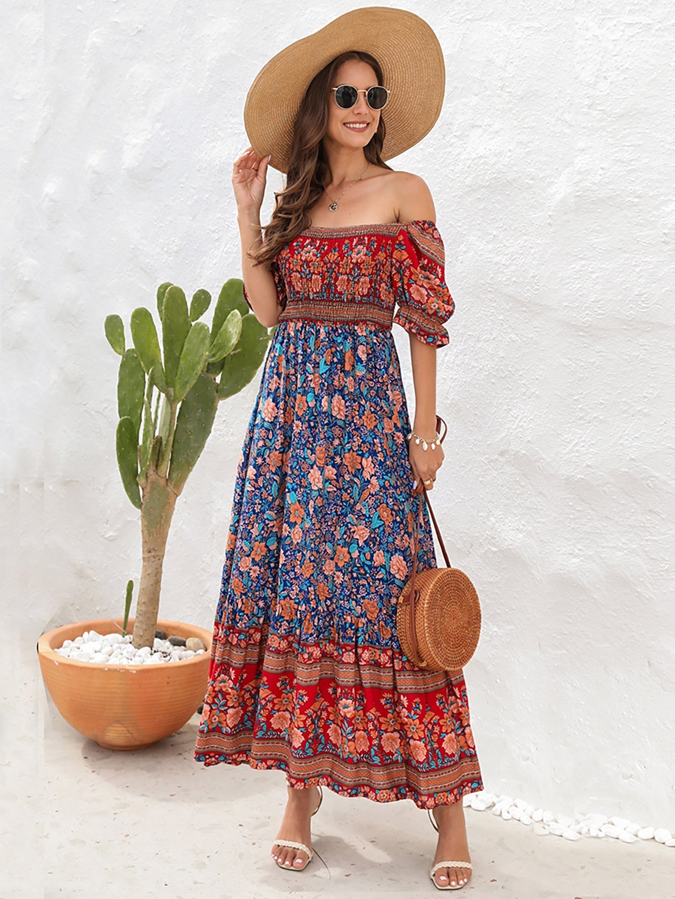 Blue Off The Shoulder Short Puffy Sleeves Long Summer Vacation Dress - Fashionpara