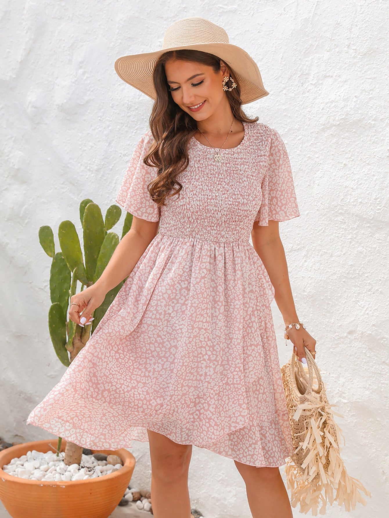 Pink Short Sleeves Chiffon Short Summer Vacation Dress - Fashionpara