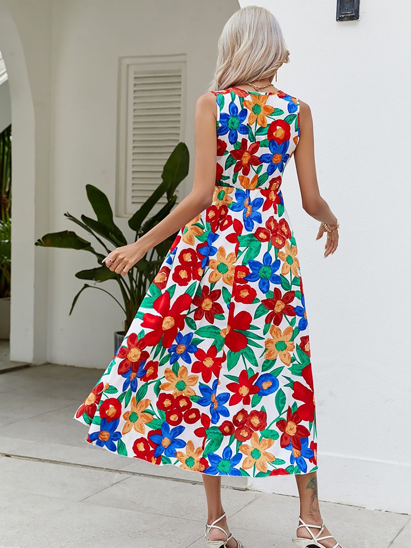 Red V Neck Long Summer Beach Vacation Dress - Fashionpara