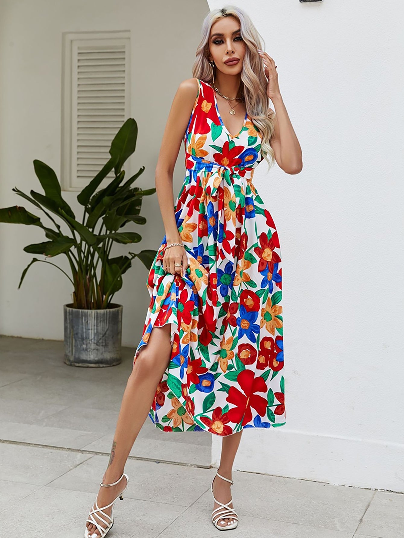 Red V Neck Long Summer Beach Vacation Dress - Fashionpara