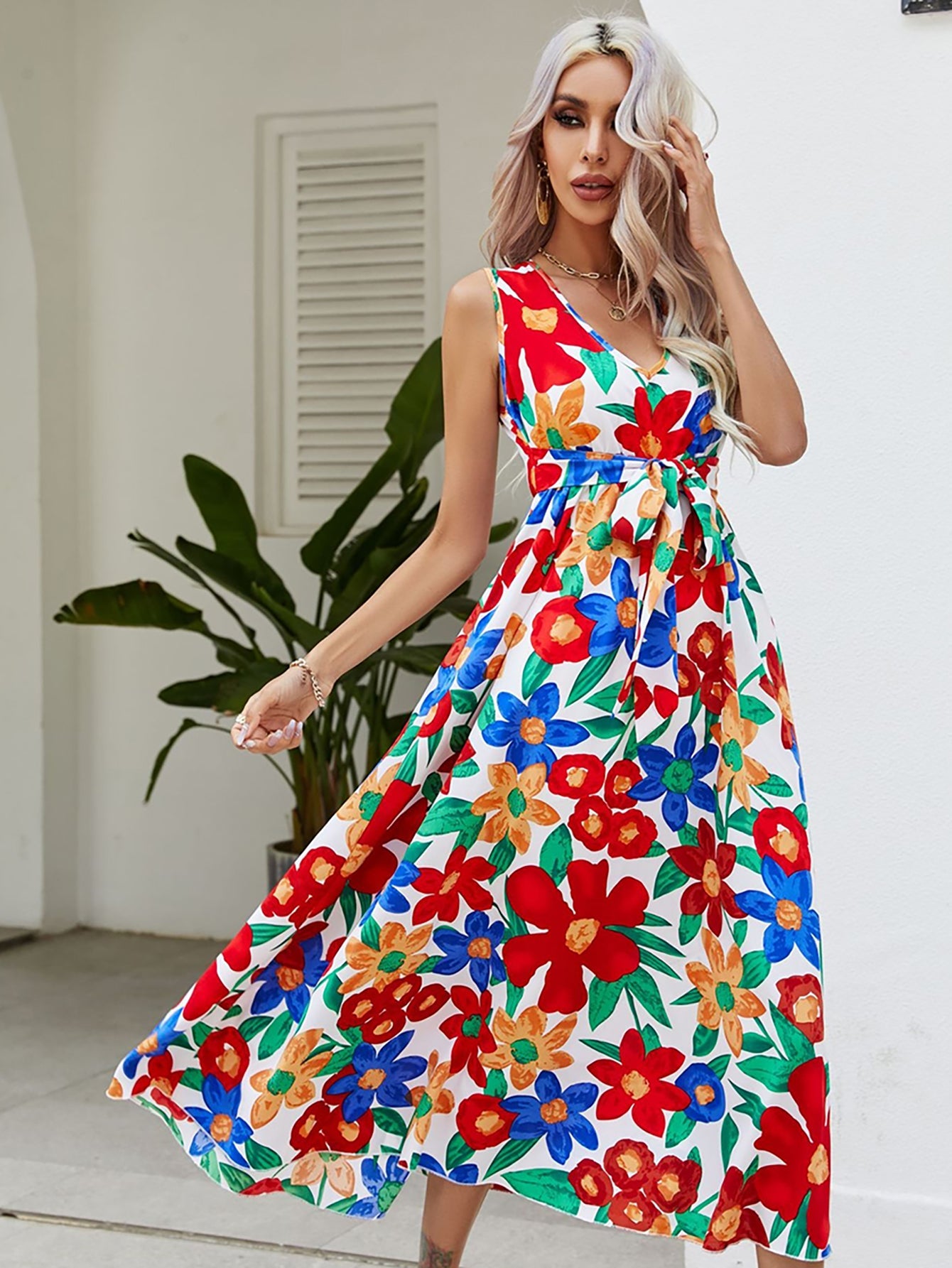 Red V Neck Long Summer Beach Vacation Dress - Fashionpara