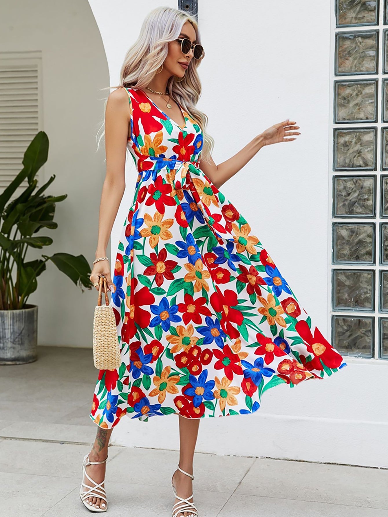 Red V Neck Long Summer Beach Vacation Dress - Fashionpara