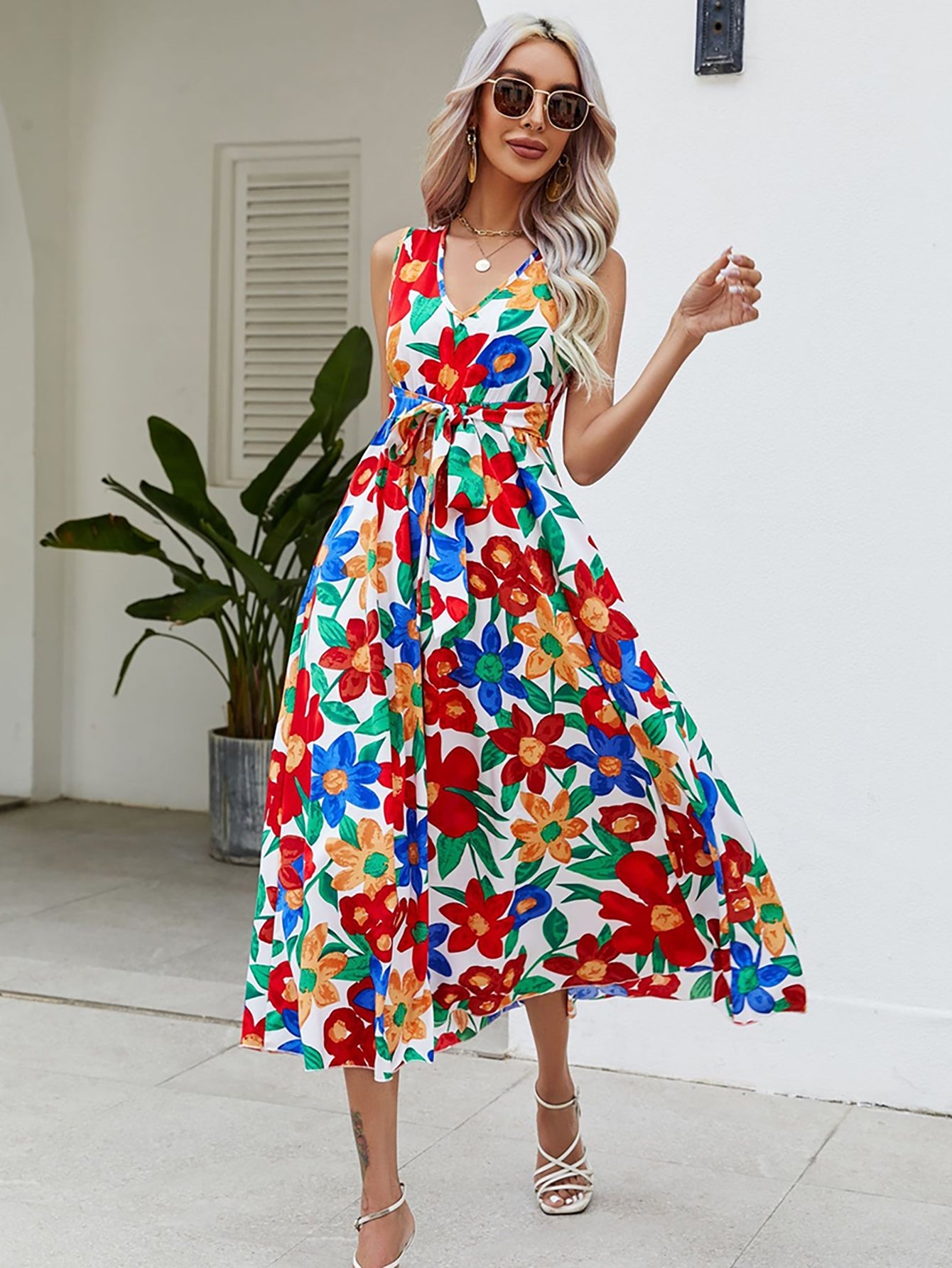 Red V Neck Long Summer Beach Vacation Dress - Fashionpara